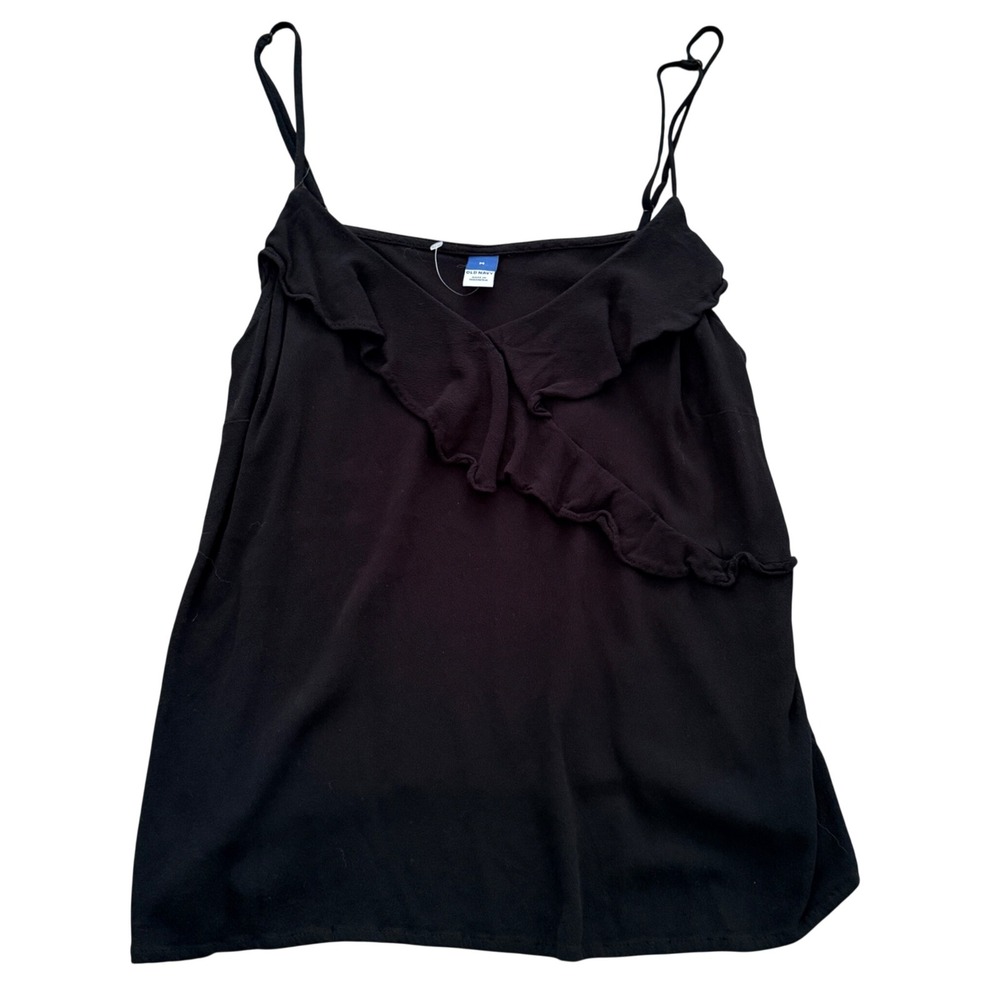 Old Navy Ruffle Cami Top Womens Medium Black V-Neck Spaghetti Strap Rayon